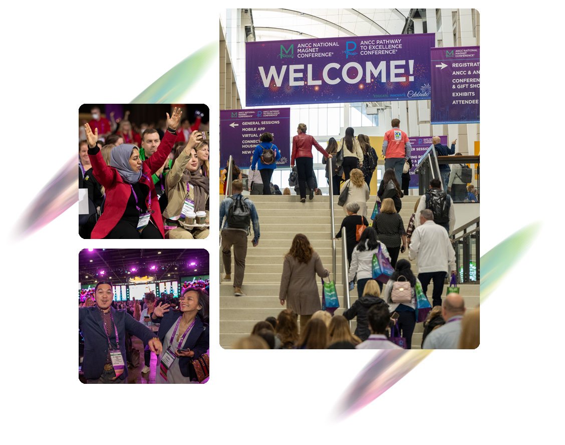 Attendees ascend a staircase towards a welcome banner at a conference. Woman with a red scarf raises her hands at a lively conference session.