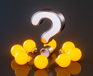 Light bulb question mark icon with bright on dark background 3d render - stock photo